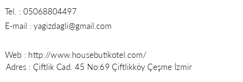 House Butik Hotel telefon numaralar, faks, e-mail, posta adresi ve iletiim bilgileri